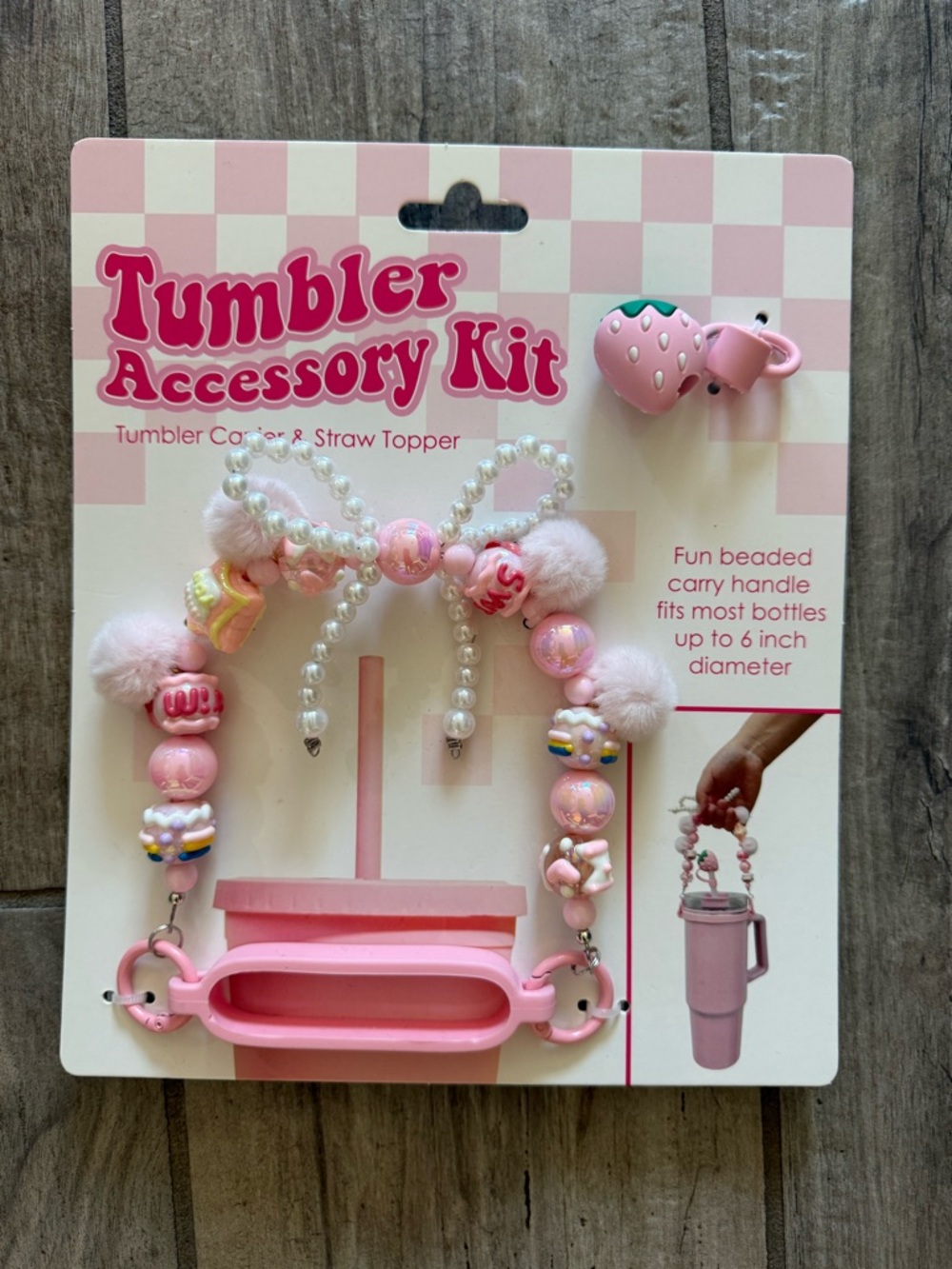 Pink Tumbler Accessory Kit - Beaded Handle & Strawberry Straw Topper